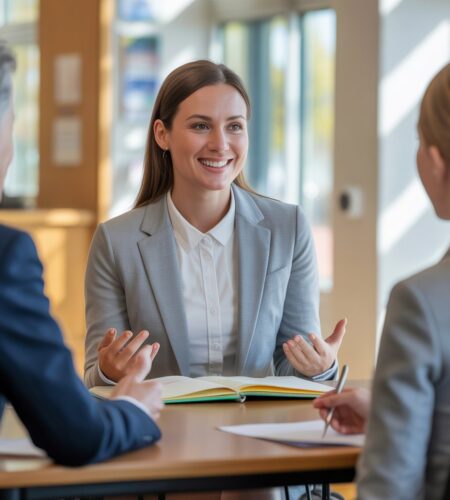 Teacher candidate confidently answering questions during a teaching interview with school panel