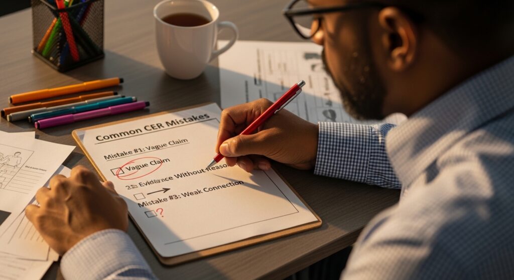 Close-up of a teacher with a red pen marking common CER mistakes on a student 
paper while referring to a printed checklist, showing constructive feedback being 
given in a warm, supportive manner at a classroom desk.
