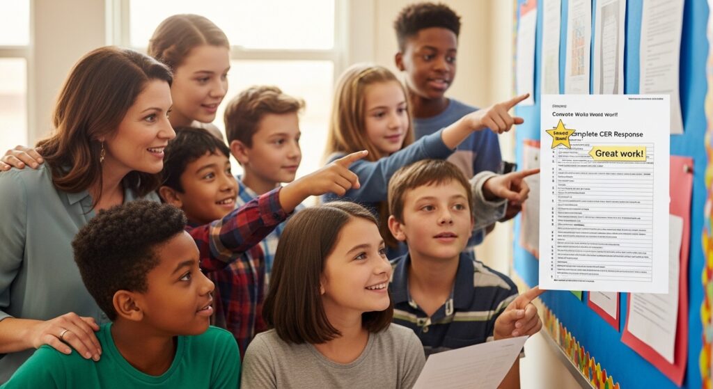 A diverse group of students and their teacher gather around a classroom bulletin 
board admiring displayed student CER work samples, with genuine expressions of 
pride, pointing, and reading each other's improved writing.