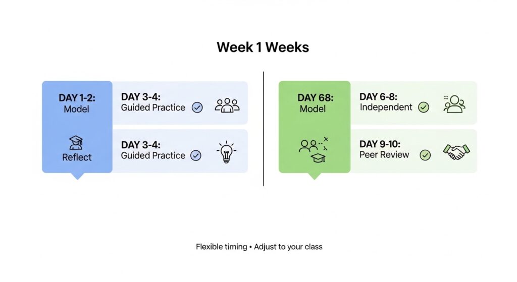 Two-week visual timeline showing CER teaching progression: Week 1 includes Model 
(Days 1-2), Guided Practice (Days 3-4), and Reflect (Day 5), while Week 2 includes 
Independent Writing (Days 6-8) and Peer Review (Days 9-10), with progress icons 
and color coding.