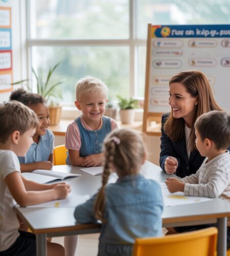 "Bright classroom showing multiple student pairs engaged in turn and talk discussion with teacher facilitating"