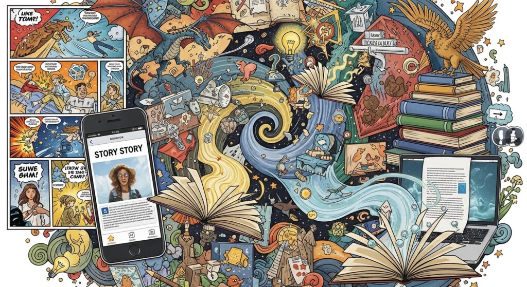 30 Writing Prompts for Middle School: Ready-to-Use Ideas That Actually Work 3 Colorful creative writing illustration featuring imagination elements including fantasy characters, lightbulbs, and imaginative scenarios for middle school writers