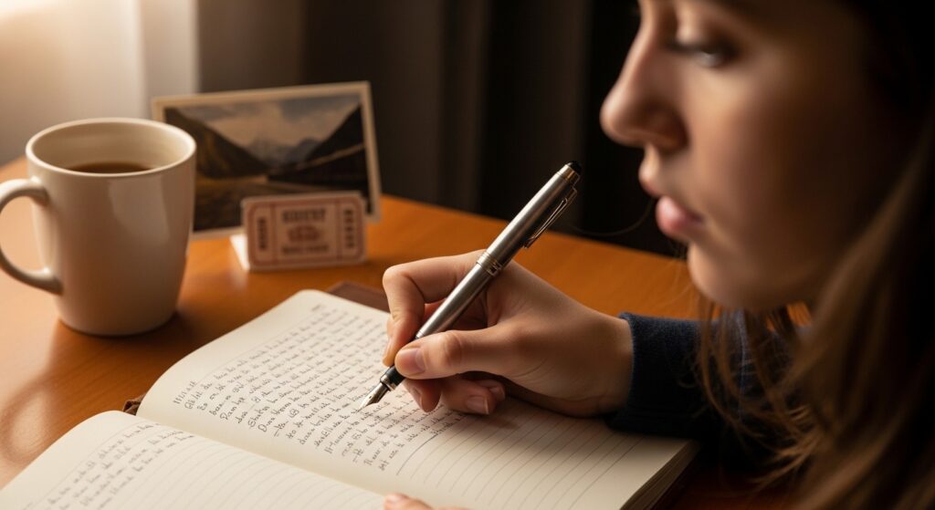 30 Writing Prompts for Middle School: Ready-to-Use Ideas That Actually Work 2 Student writing personal narrative in journal with thoughtful reflection and warm supportive lighting