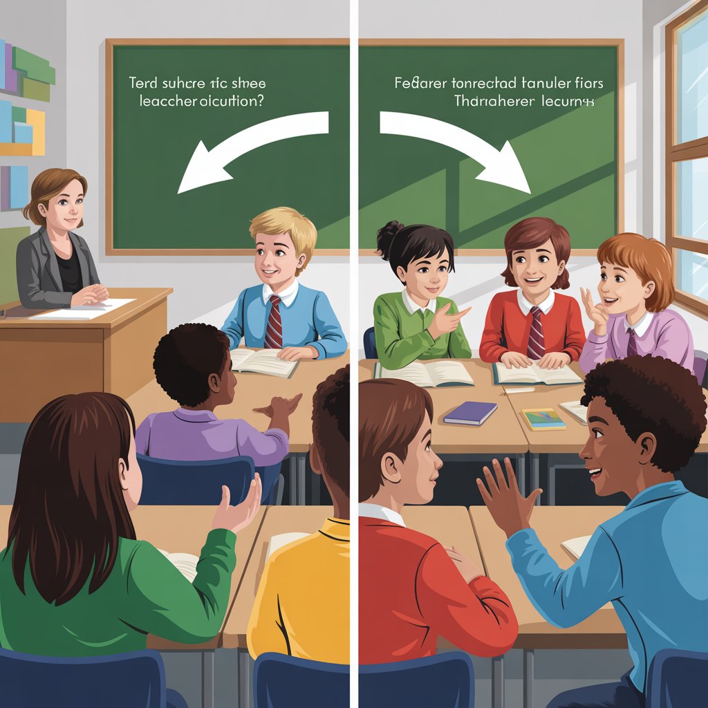 "Before-and-after classroom comparison showing passive lecture versus active peer discussion"
